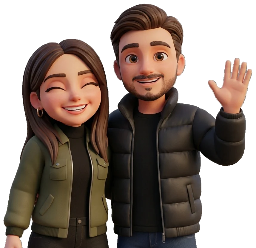 Mariana e Fábio, em ilustração 3D, sorrindo; Fábio acena